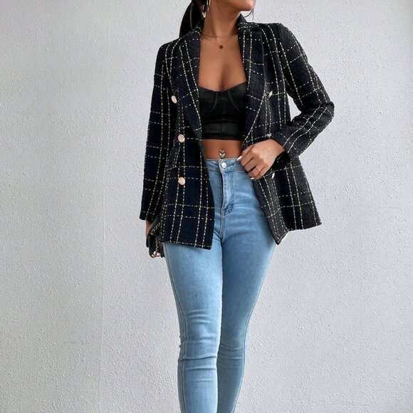 Black Elegant Women's Plaid Double Breasted Tweed Blazer - Picture 5 of 7